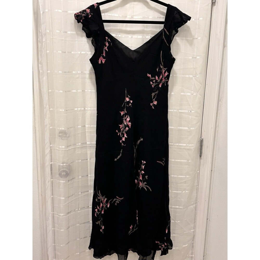 Evan Picone Black Floral Midi Dress Size 16 Ruffle Strap Evening Party - Picture 2 of 6